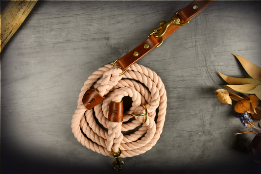 Hands-free Leather and Rope Dog Lead in Pastel Pink and Chestnut