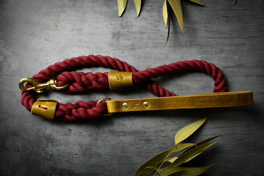 Handcrafted Burgundy Lead with Leaf Green Leather.