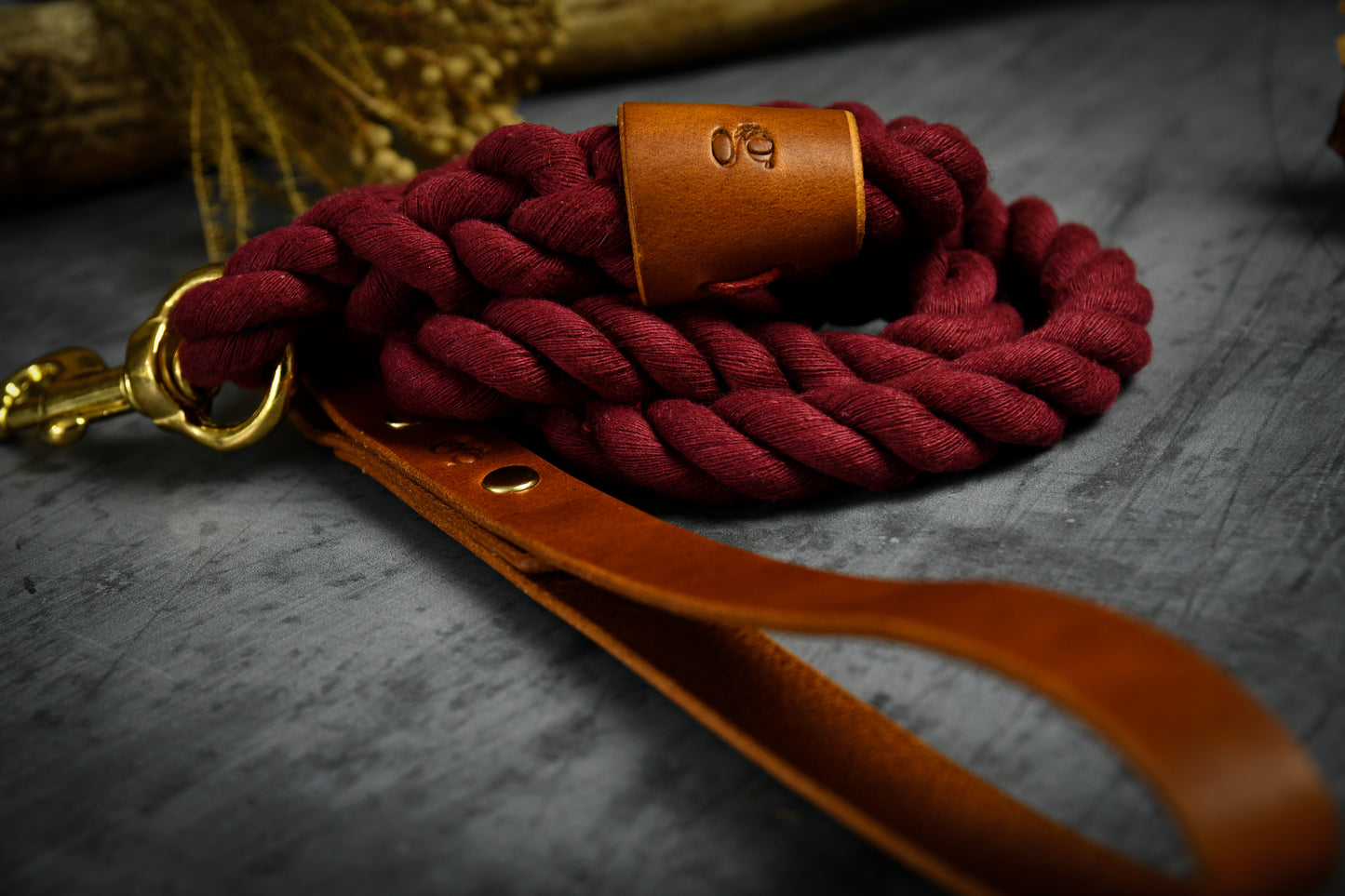 Handcrafted Burgundy Lead with Tan Leather.