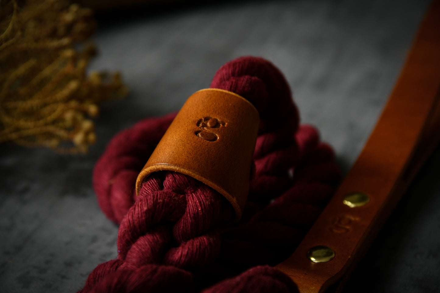 Handcrafted Burgundy Lead with Tan Leather.