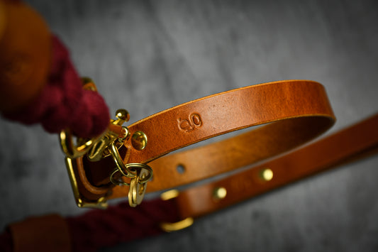 Handcrafted Burgundy Lead and Personalised Collar Set with Tan Leather.