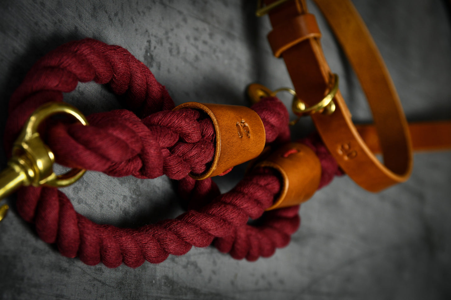 Handcrafted Burgundy Lead and Personalised Collar Set with Tan Leather.