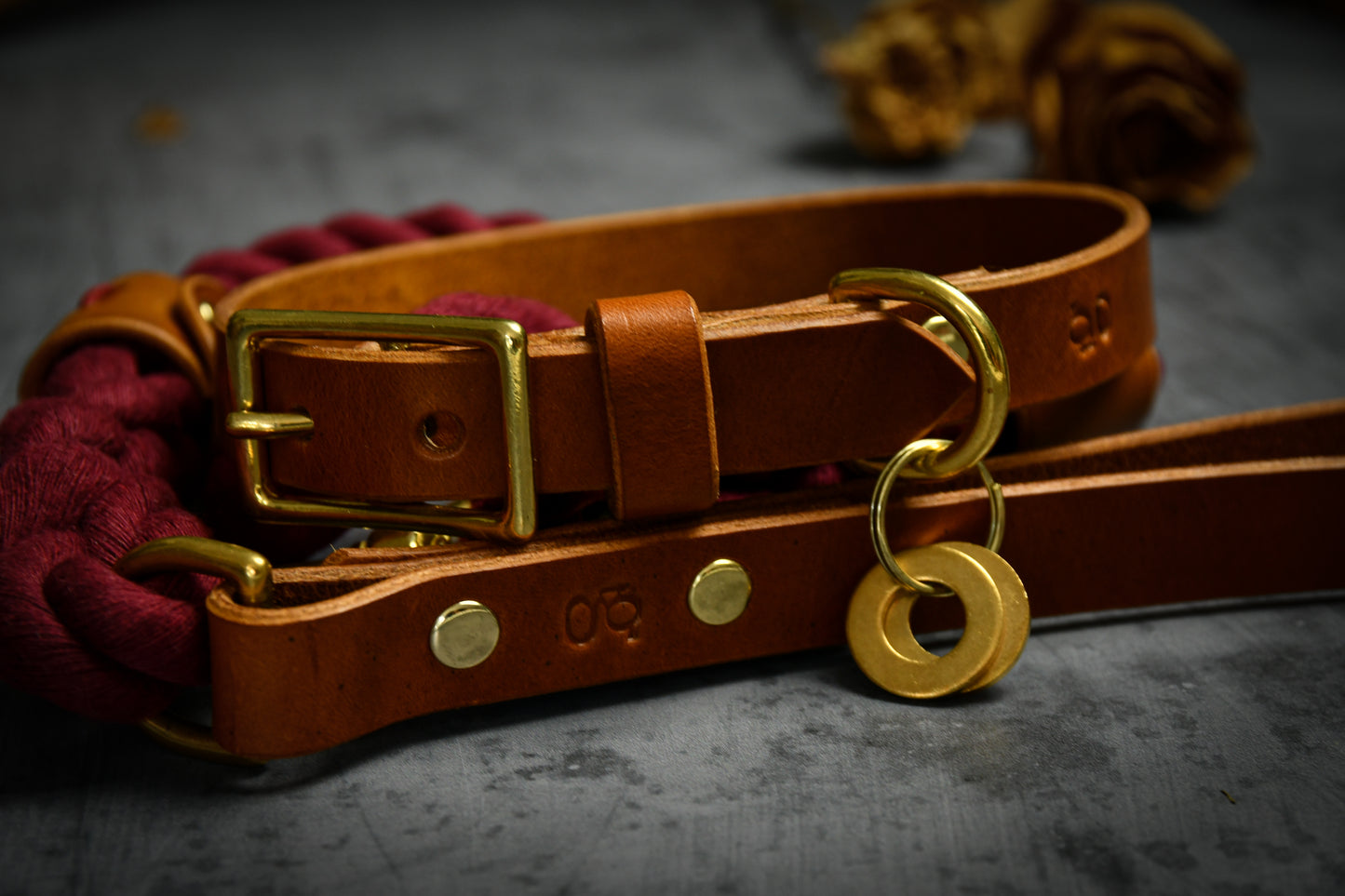 Handcrafted Burgundy Lead and Personalised Collar Set with Tan Leather.