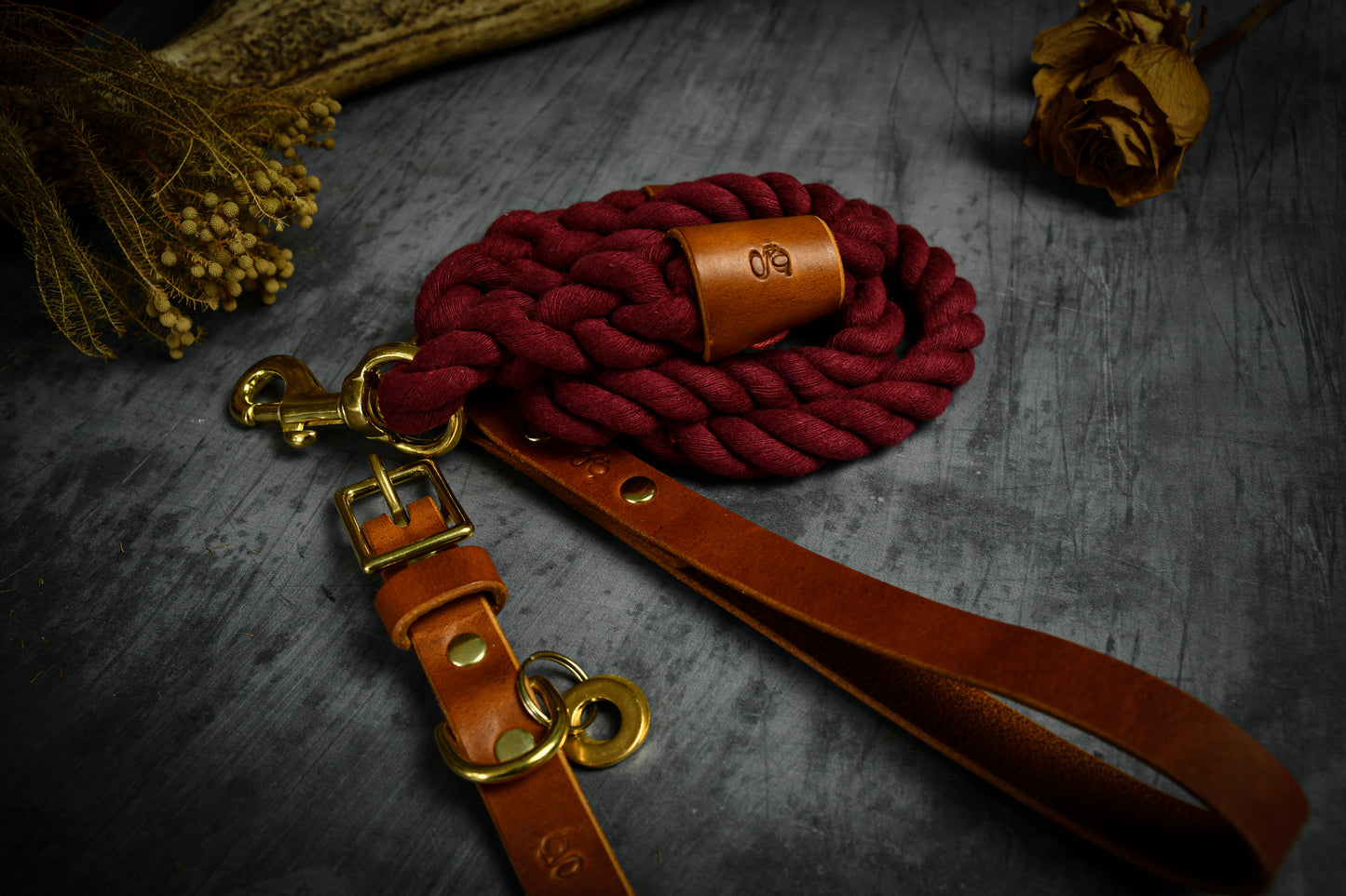 Handcrafted Burgundy Lead and Personalised Collar Set with Tan Leather.