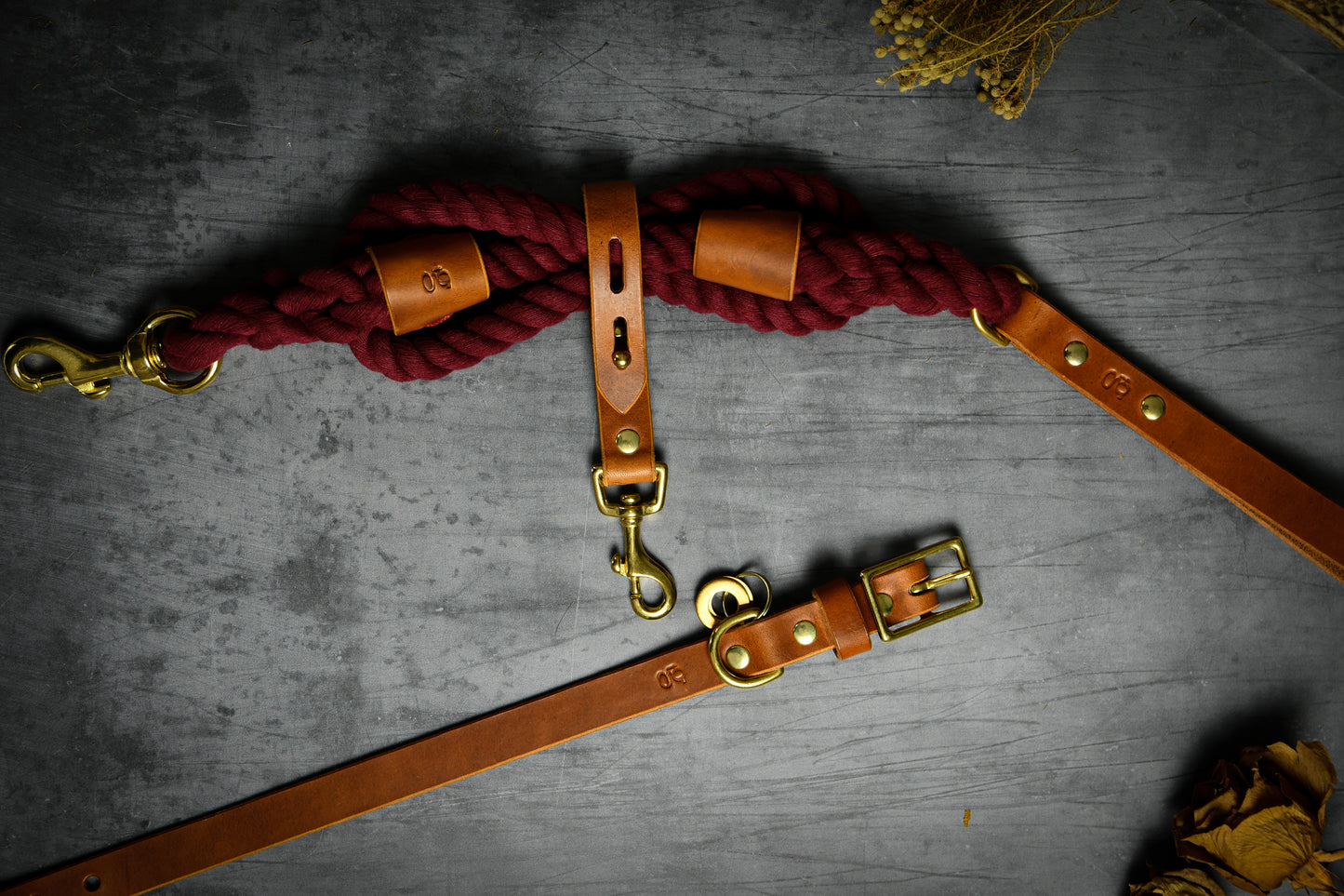 Handcrafted Burgundy Lead and Personalised Collar Set with Tan Leather.