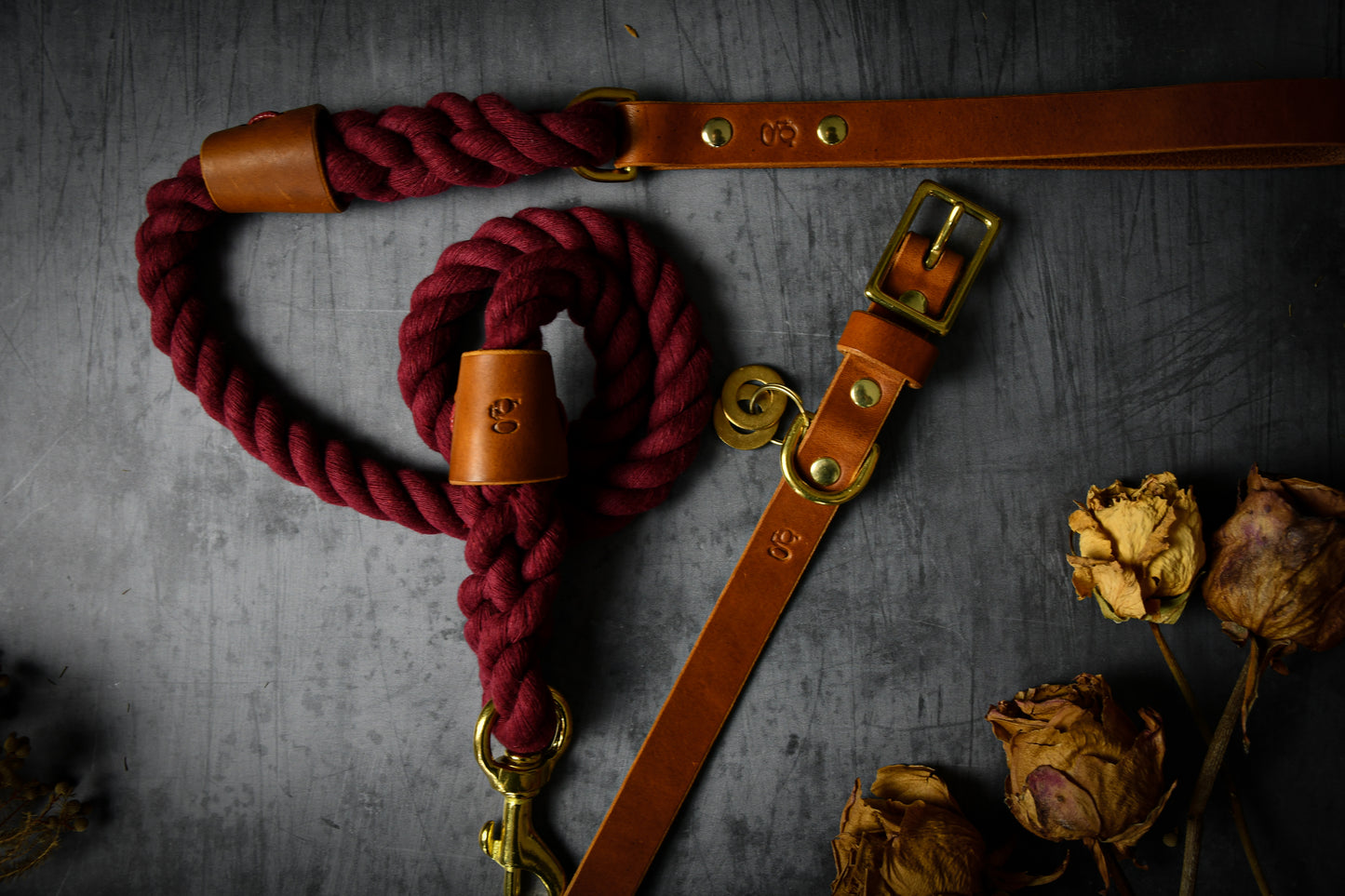Handcrafted Burgundy Lead and Personalised Collar Set with Tan Leather.