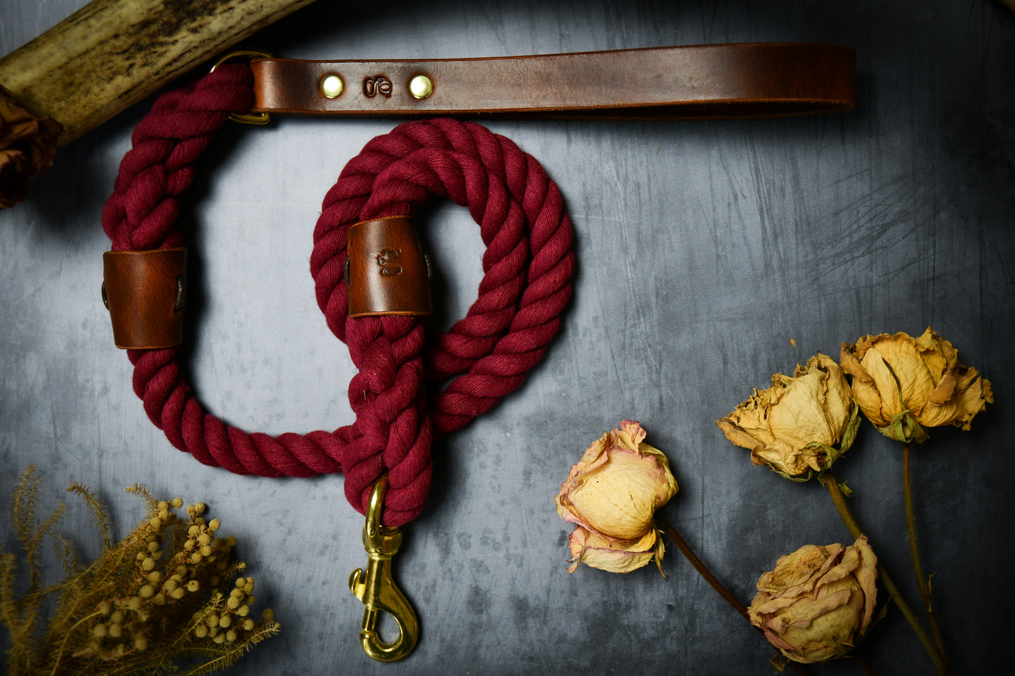 Handcrafted Burgundy Lead and Personalised Collar Set with Chestnut Leather.