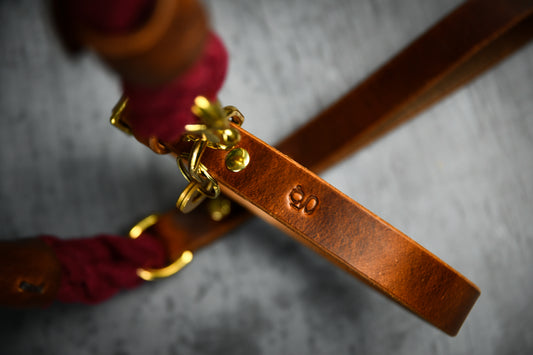 Handcrafted Burgundy Lead and Personalised Collar Set with Chestnut Leather.