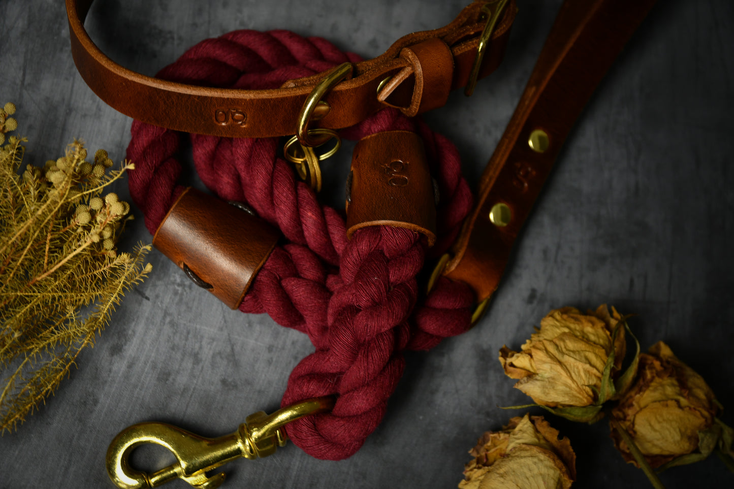 Handcrafted Burgundy Lead and Personalised Collar Set with Chestnut Leather.