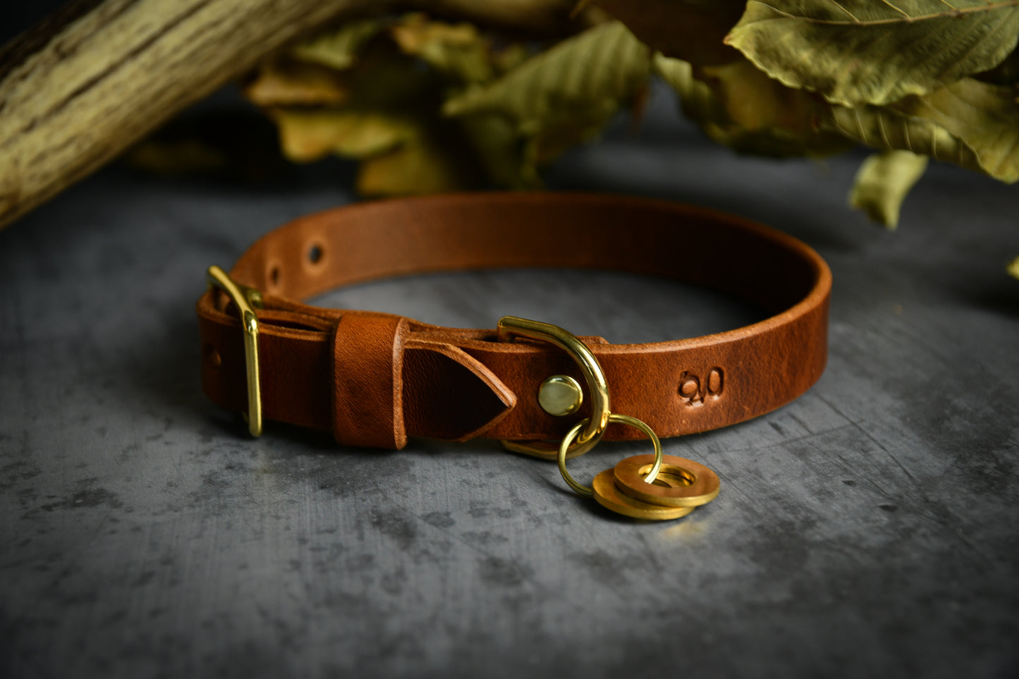 Handcrafted Personalised Chestnut Leather Collar.