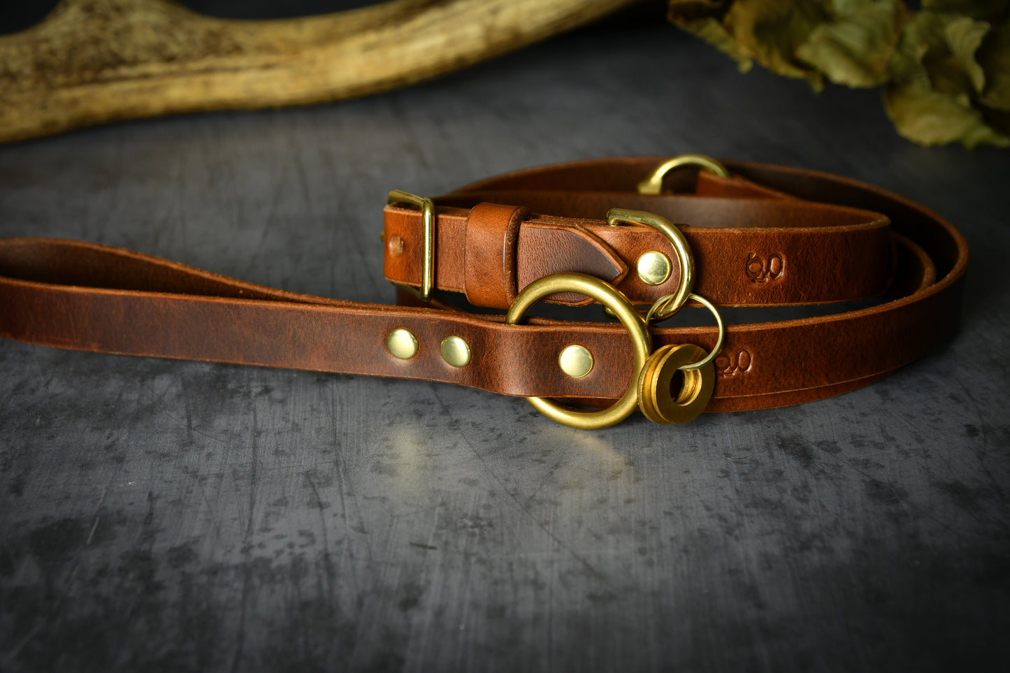 Handcrafted Chestnut Leather Lead and Personalised Collar Set.