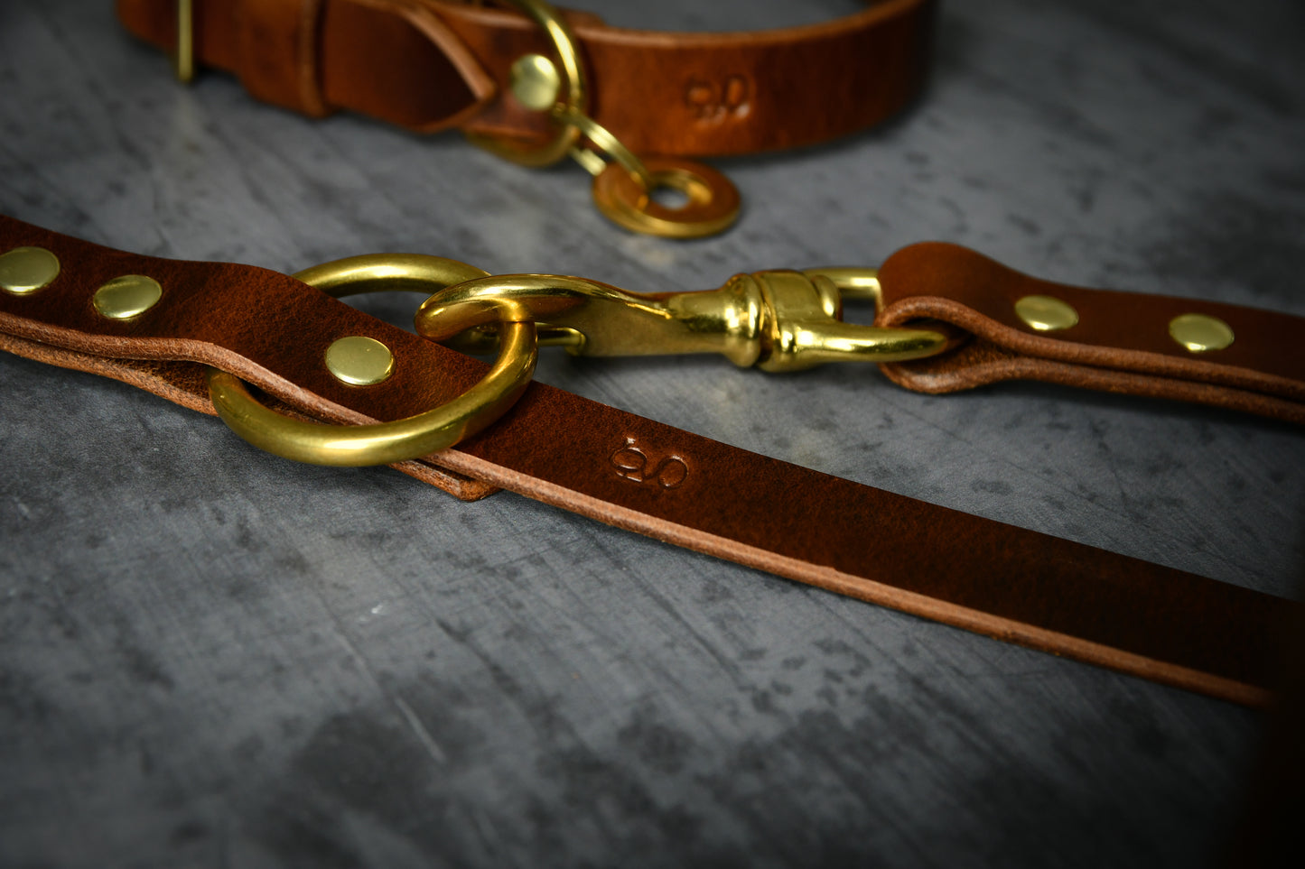 Handcrafted Chestnut Leather Lead and Personalised Collar Set.