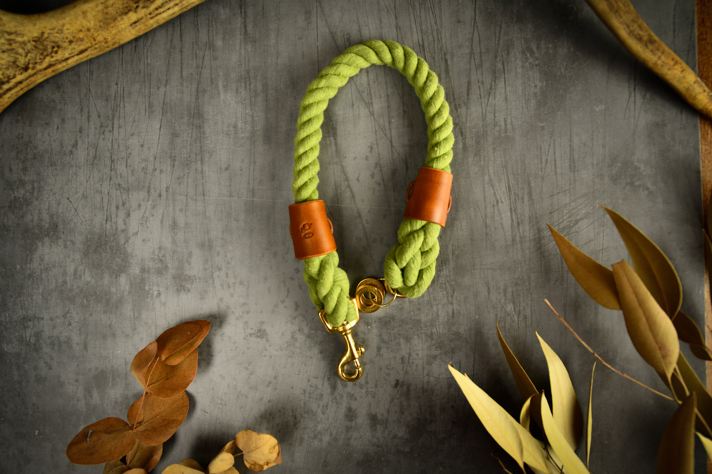 Handmade Olive Green Rope Dog Collar. Plastic free, 100% cotton rope with light tan leather sleeves.