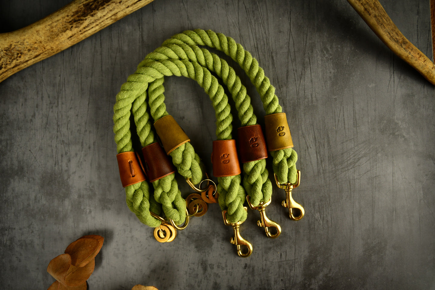 Handmade Olive Green Rope Dog Collar. Plastic free, 100% cotton rope with leaf green leather sleeves.