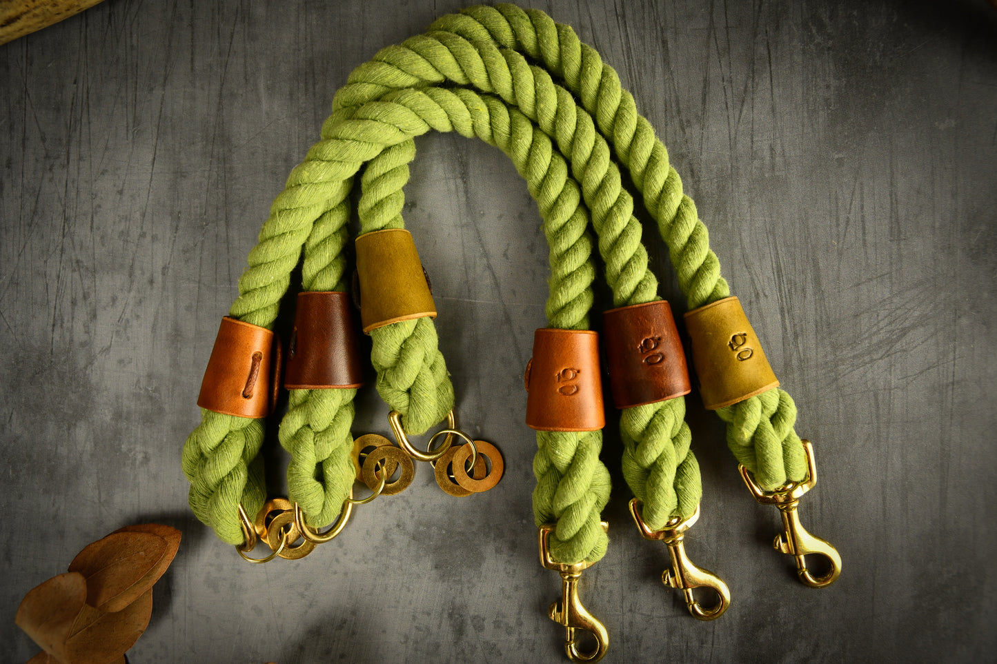 Handmade Olive Green Rope Dog Collar. Plastic free, 100% cotton rope with light tan leather sleeves.