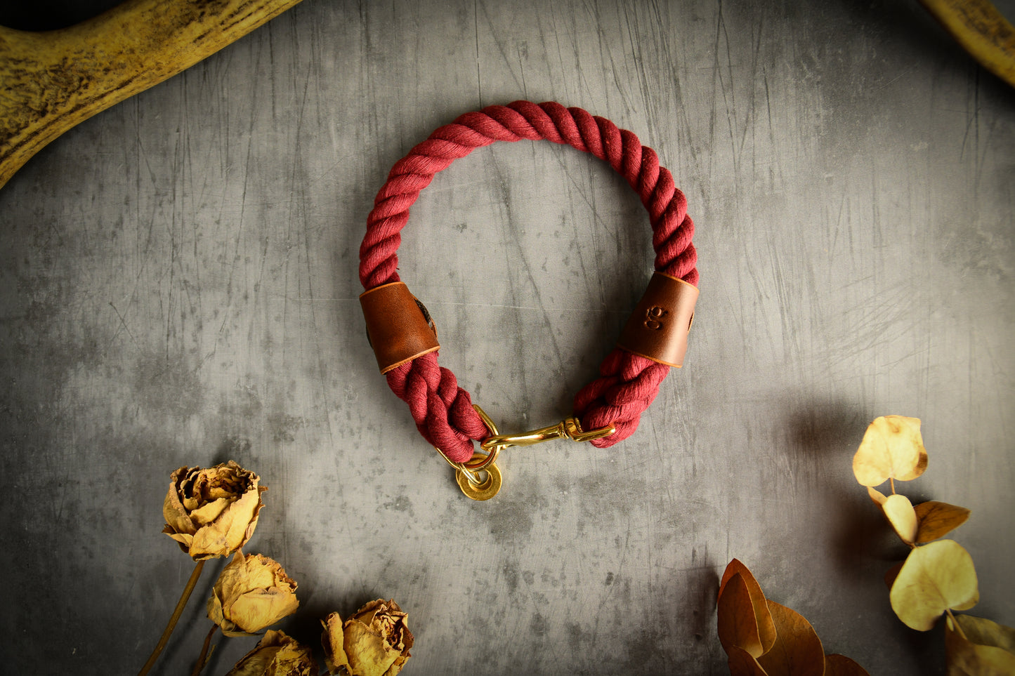 Handmade Burgundy Rope Dog Collar. Plastic free, 100% cotton rope with Chestnut leather sleeves.
