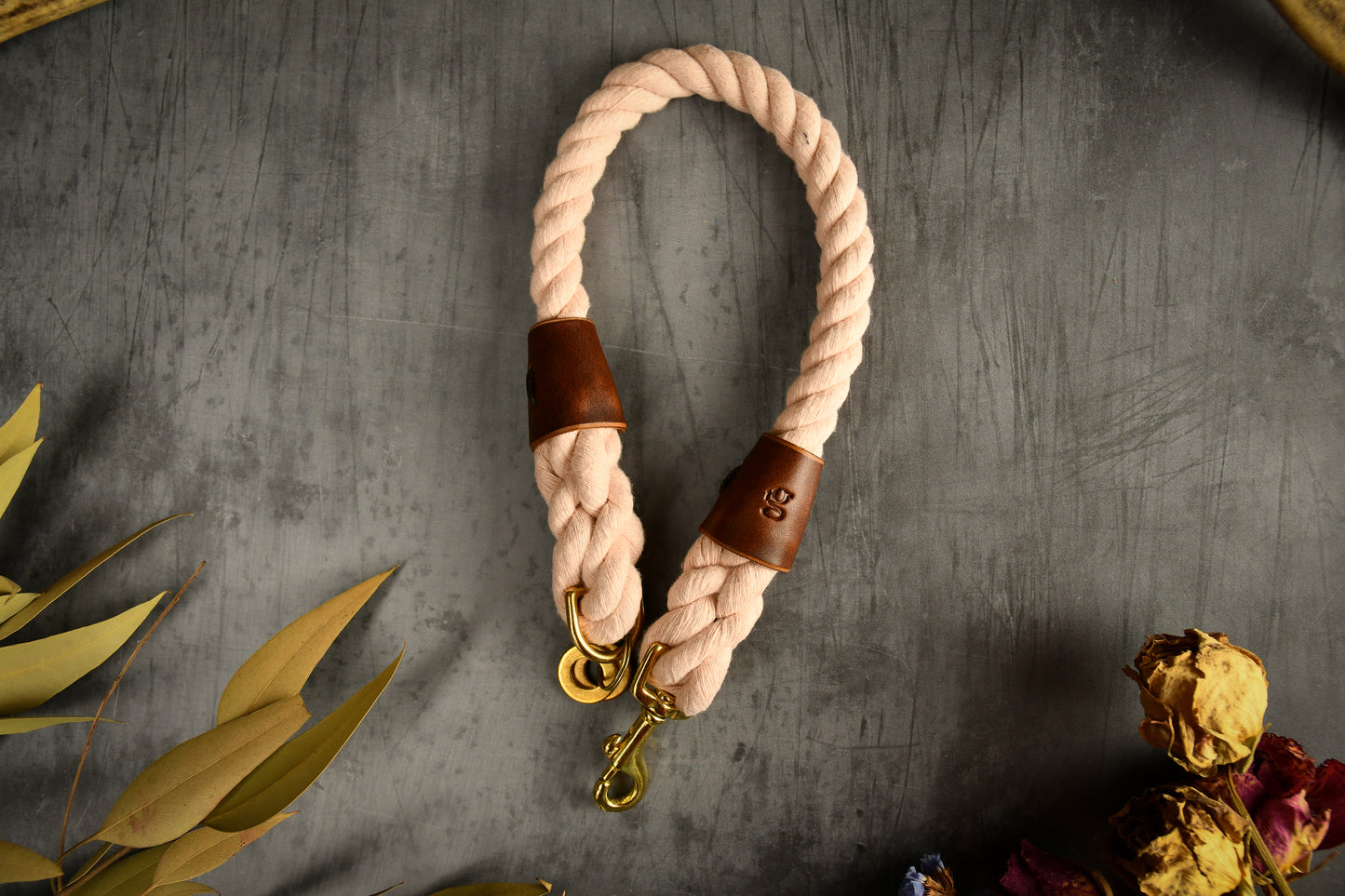 Handmade Pastel Pink Rope Dog Collar. Plastic free, 100% cotton rope with chestnut leather sleeves.