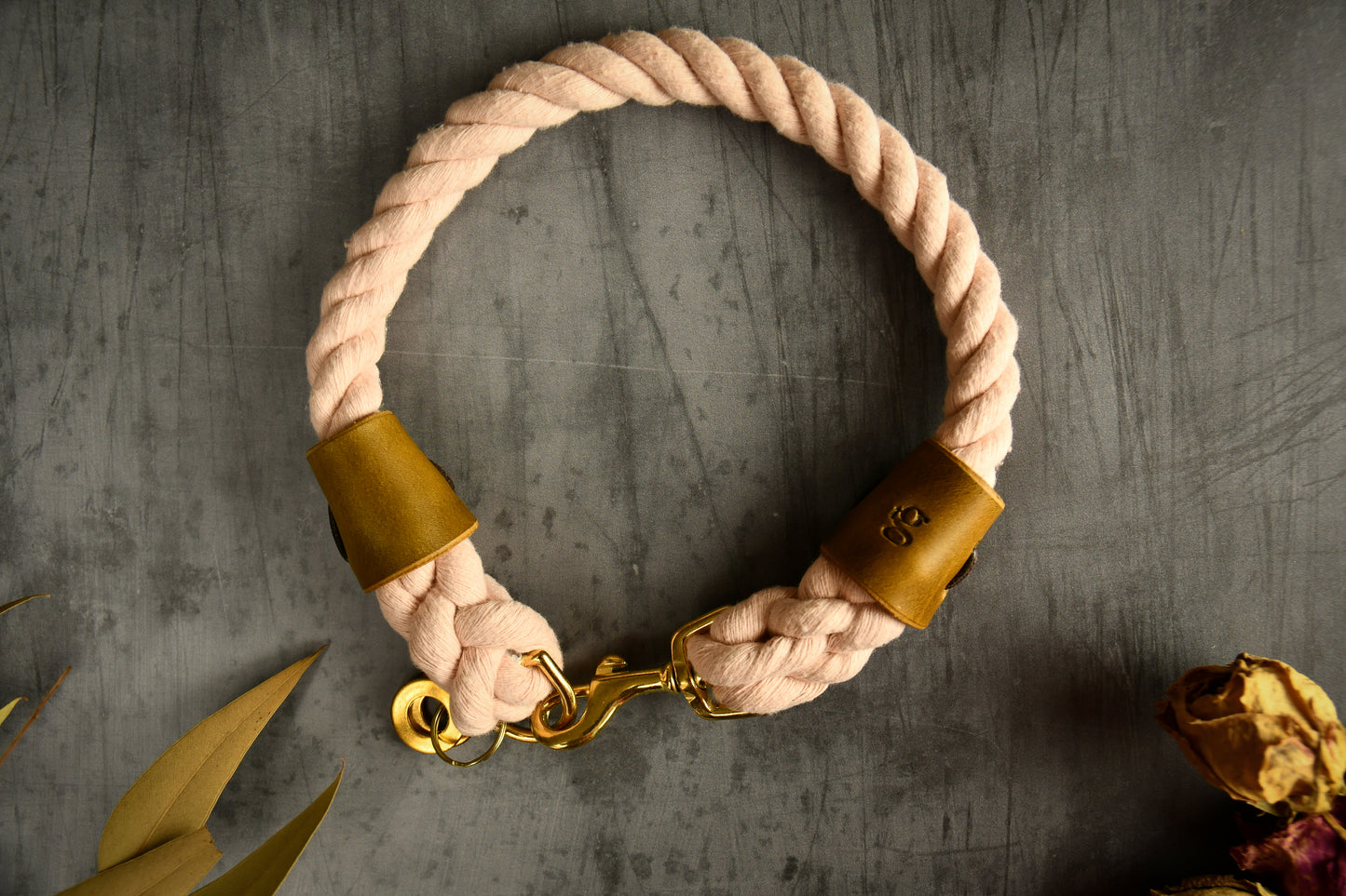 Handmade Pastel Pink Rope Dog Collar. Plastic free, 100% cotton rope with leaf green leather sleeves.