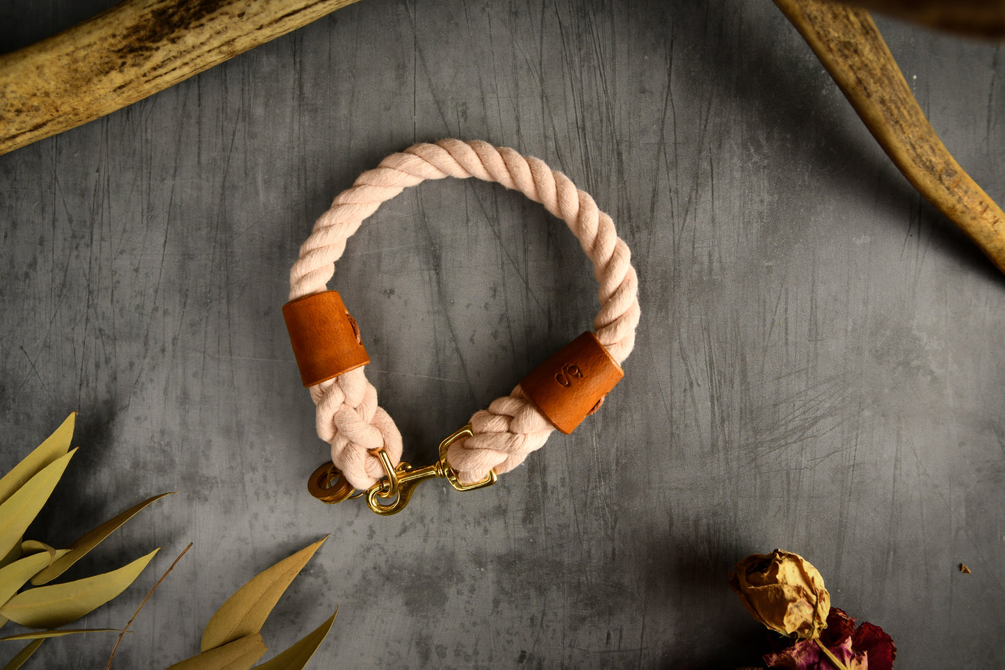 Handmade Pastel Pink Rope Dog Collar. Plastic free, 100% cotton rope with light tan leather sleeves.