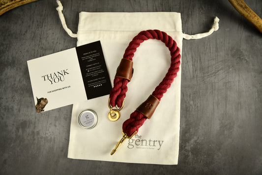 Handmade Burgundy Rope Dog Collar. Plastic free, 100% cotton rope with Chestnut leather sleeves.