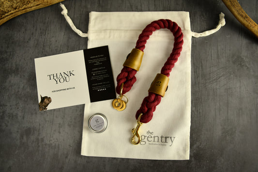 Handmade Burgundy Rope Dog Collar. Plastic free, 100% cotton rope with leaf green leather sleeves.