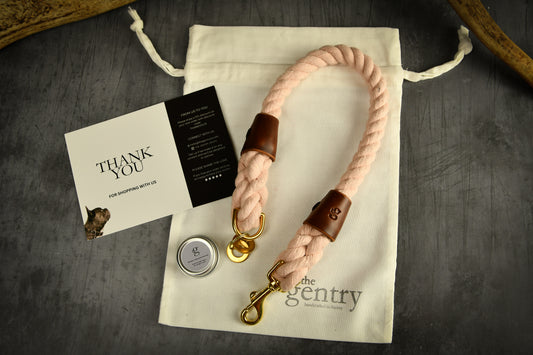 Handmade Pastel Pink Rope Dog Collar. Plastic free, 100% cotton rope with chestnut leather sleeves.