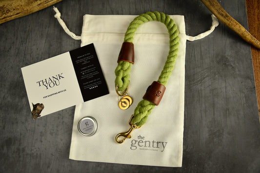 Handmade Olive Green Rope Dog Collar. Plastic free, 100% cotton rope with chestnut leather sleeves.