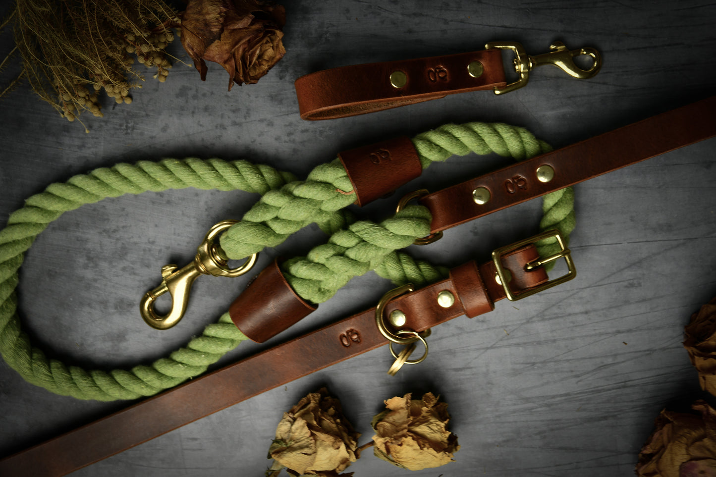 Handcrafted Olive Green Lead and Personalised Collar Set with Chestnut Leather.
