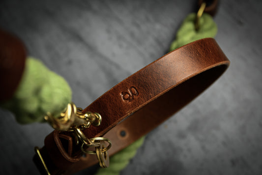 Handcrafted Olive Green Lead and Personalised Collar Set with Chestnut Leather.