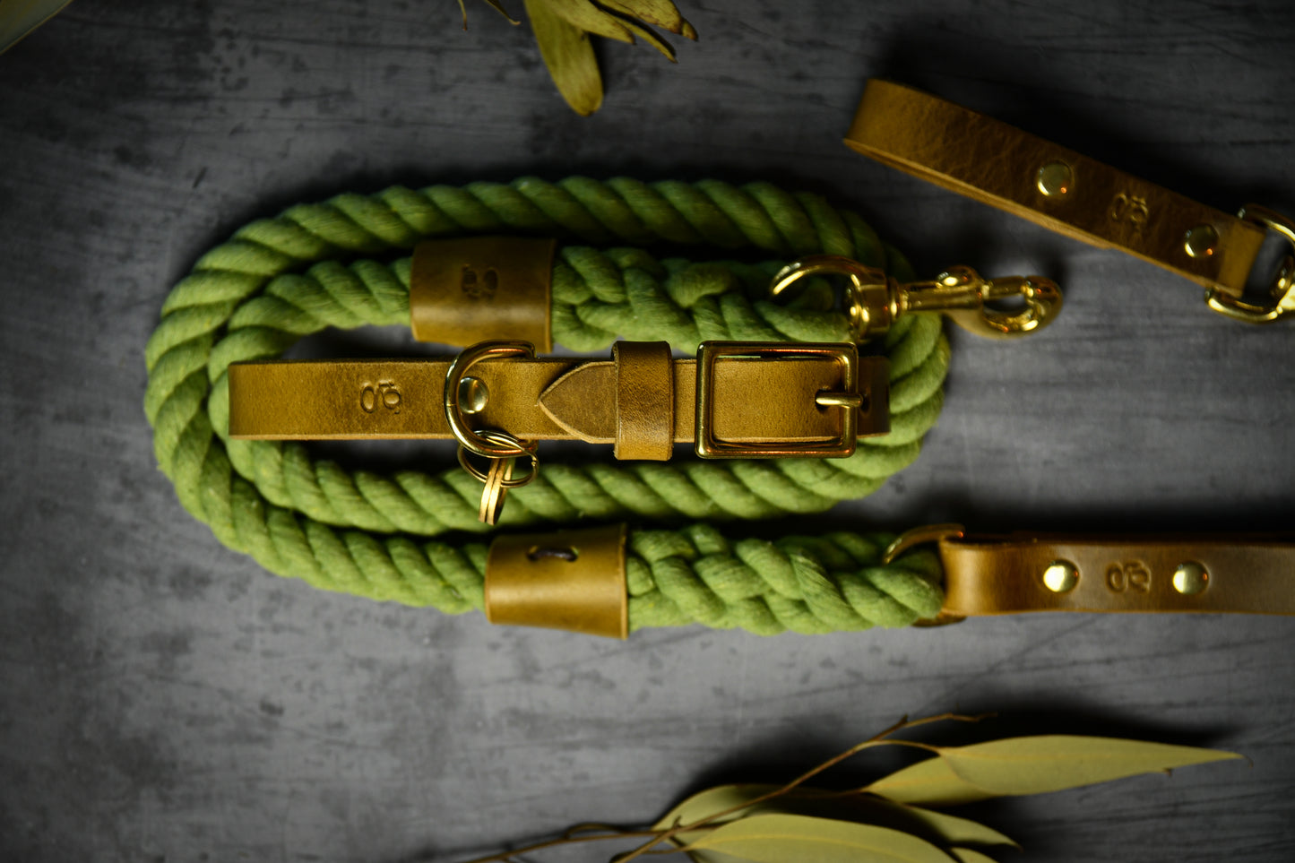 Handcrafted Olive Green Lead and Personalised Collar Set with Leaf Green Leather.