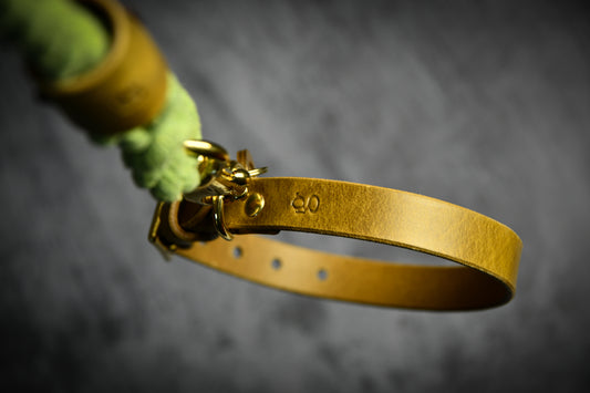 Handcrafted Olive Green Lead and Personalised Collar Set with Leaf Green Leather.