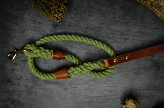 Handcrafted Olive Green Lead with Light Tan Leather.