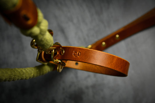 Handcrafted Olive Green Lead and Personalised Collar Set with Tan Leather.