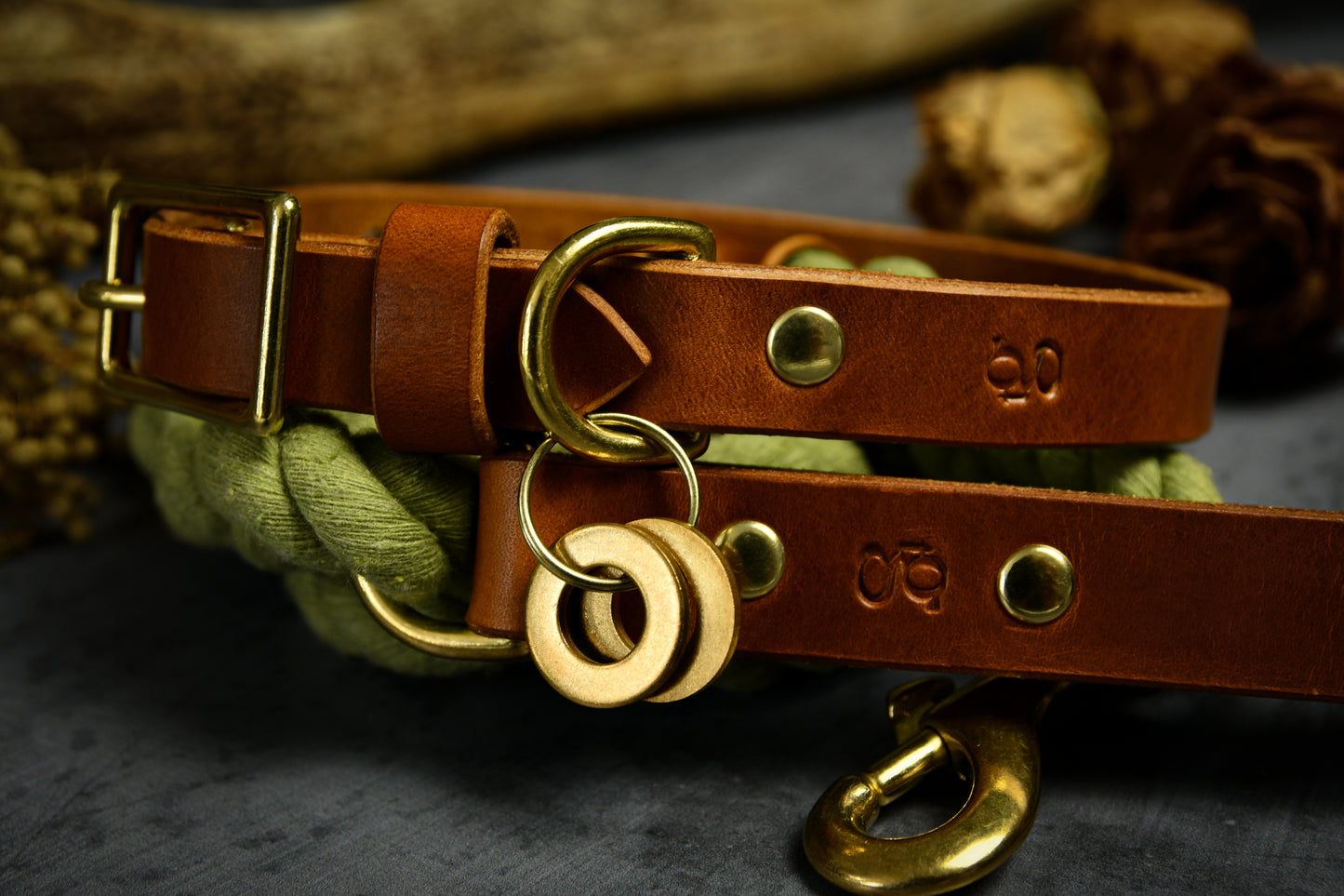 Handcrafted Olive Green Lead and Personalised Collar Set with Tan Leather.