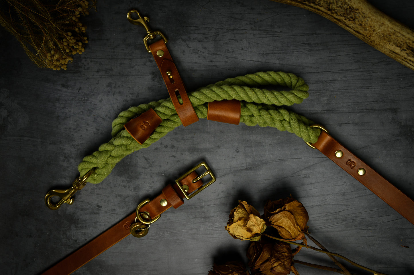 Handcrafted Olive Green Lead and Personalised Collar Set with Tan Leather.