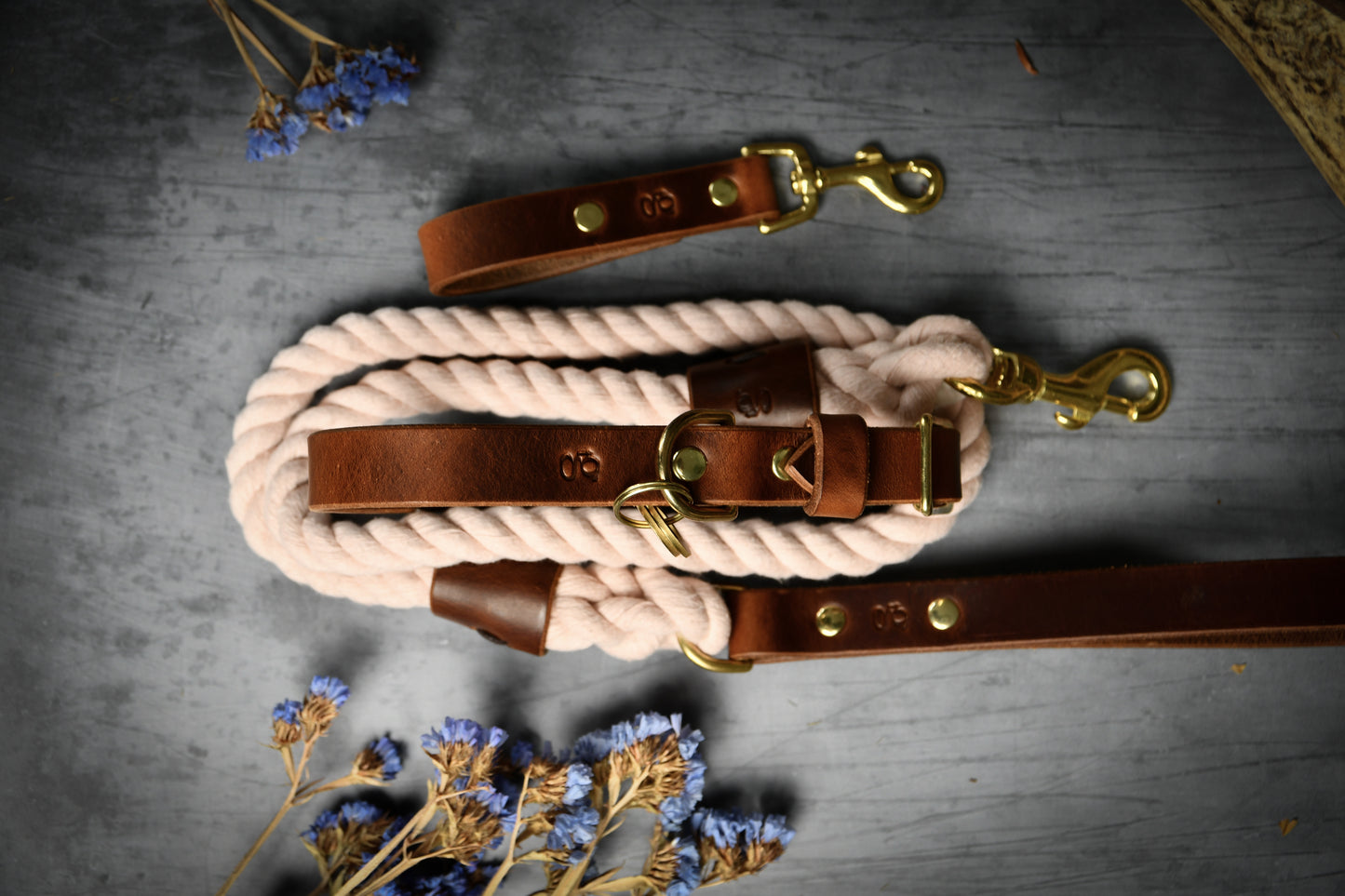 Handcrafted Pastel Pink Lead and Personalised Collar Set with Chestnut Leather.