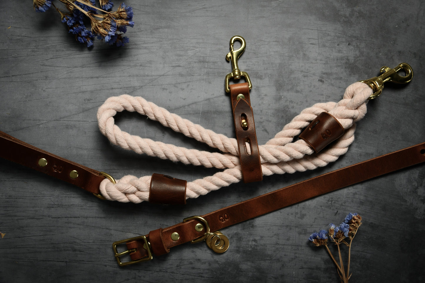 Handcrafted Pastel Pink Lead and Personalised Collar Set with Chestnut Leather.