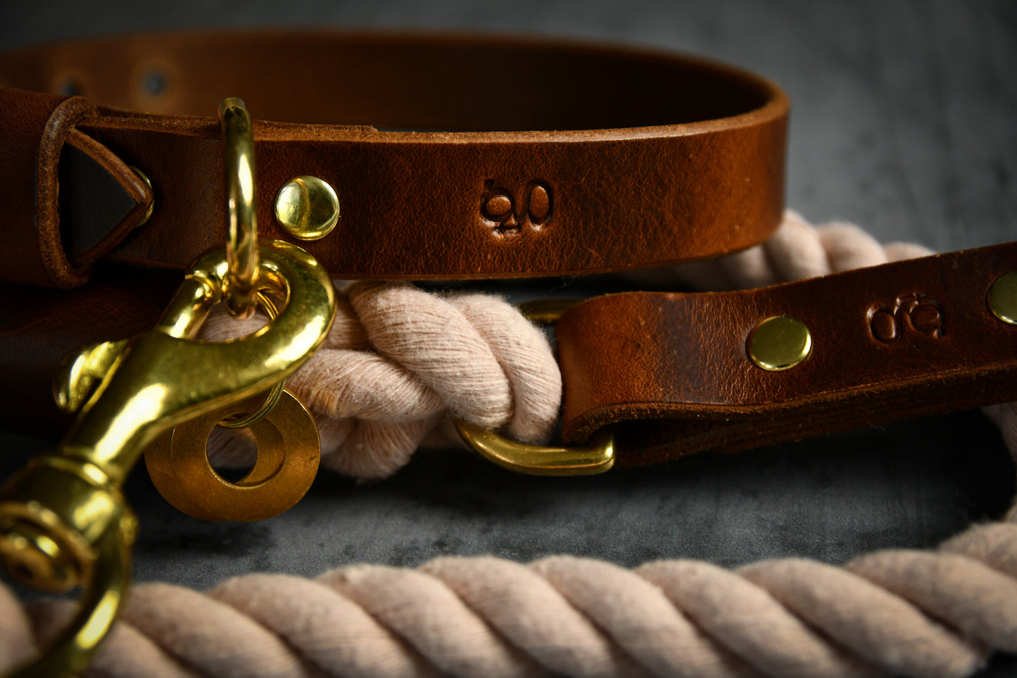 Handcrafted Pastel Pink Lead and Personalised Collar Set with Chestnut Leather.