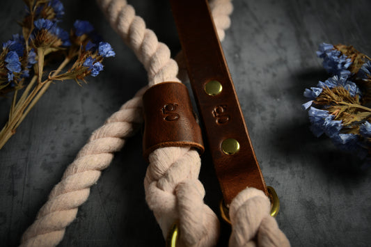 Handcrafted Pastel Pink Lead with Chestnut Leather Sleeves.