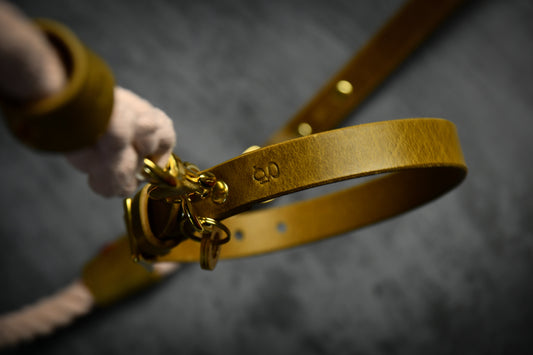 Handcrafted Pastel Pink Lead and Personalised Collar Set with Leaf Green Leather.