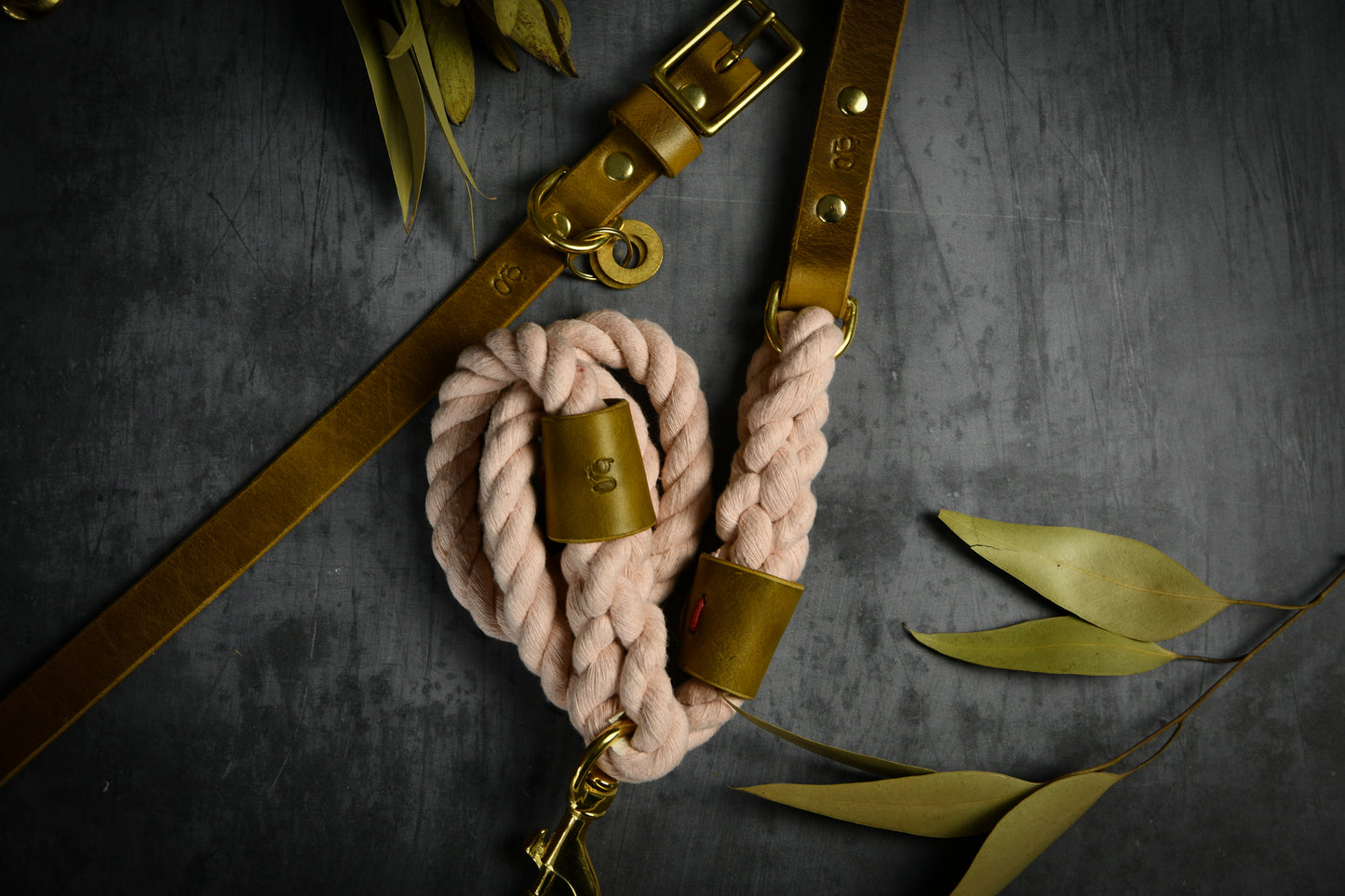 Handcrafted Pastel Pink Lead and Personalised Collar Set with Leaf Green Leather.