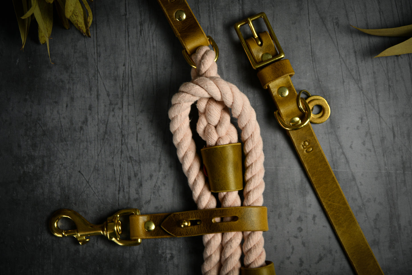 Handcrafted Pastel Pink Lead and Personalised Collar Set with Leaf Green Leather.