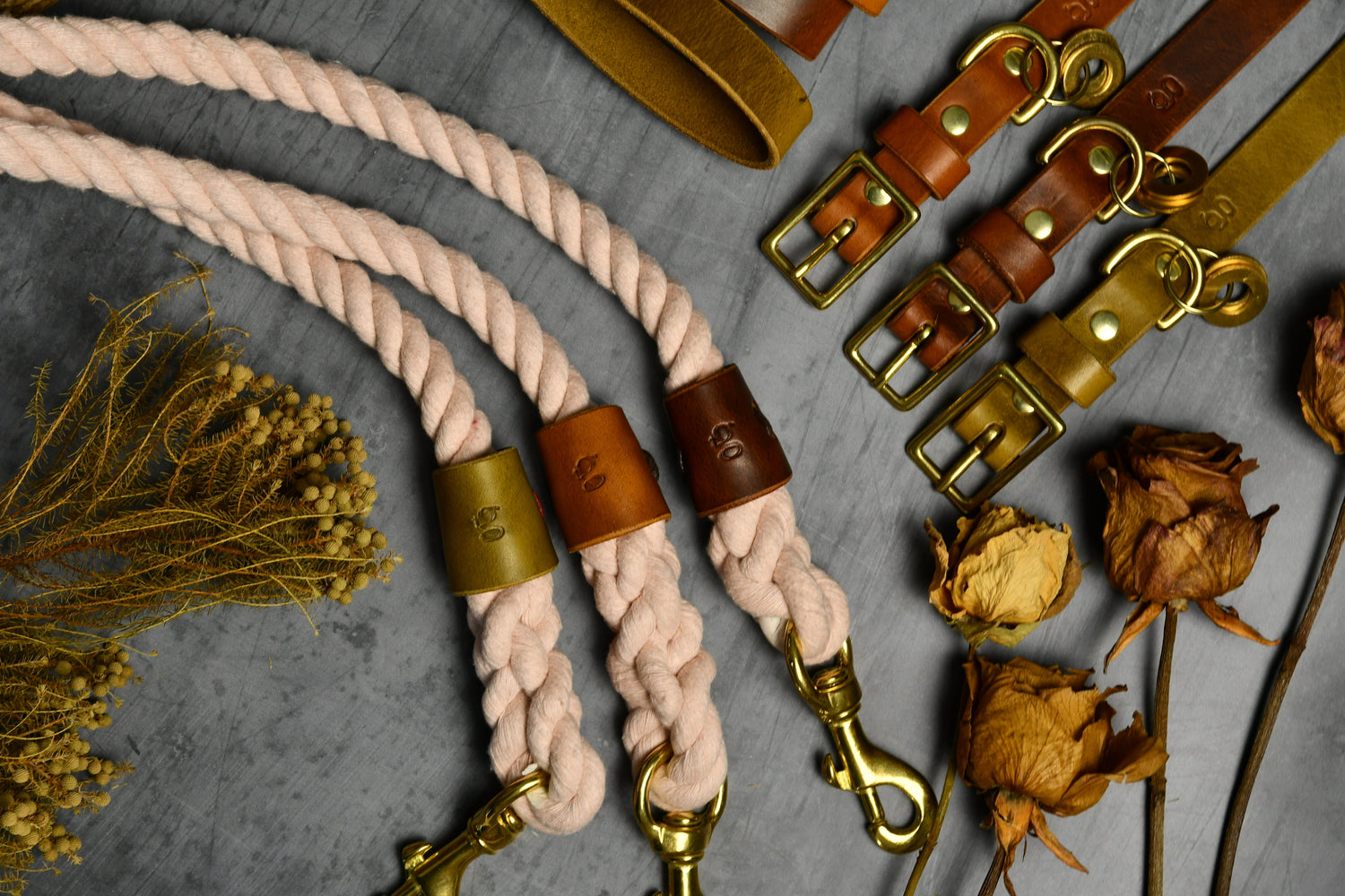 Handcrafted Pastel Pink Lead and Personalised Collar Set with Chestnut Full-Grain Leather
