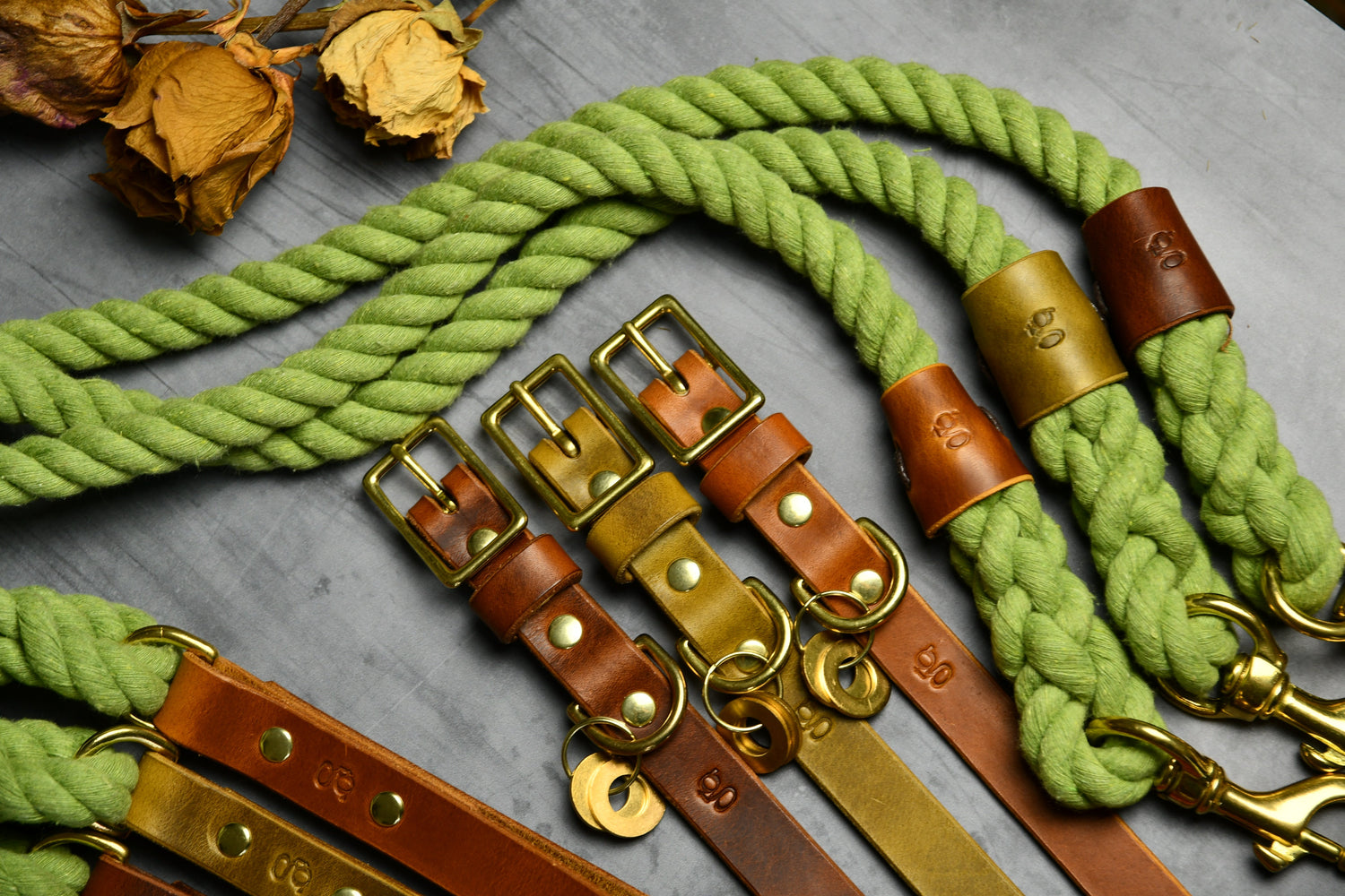 Handcrafted Olive Green Lead and Personalised Collar Set with Chestnut Full-Grain Leather