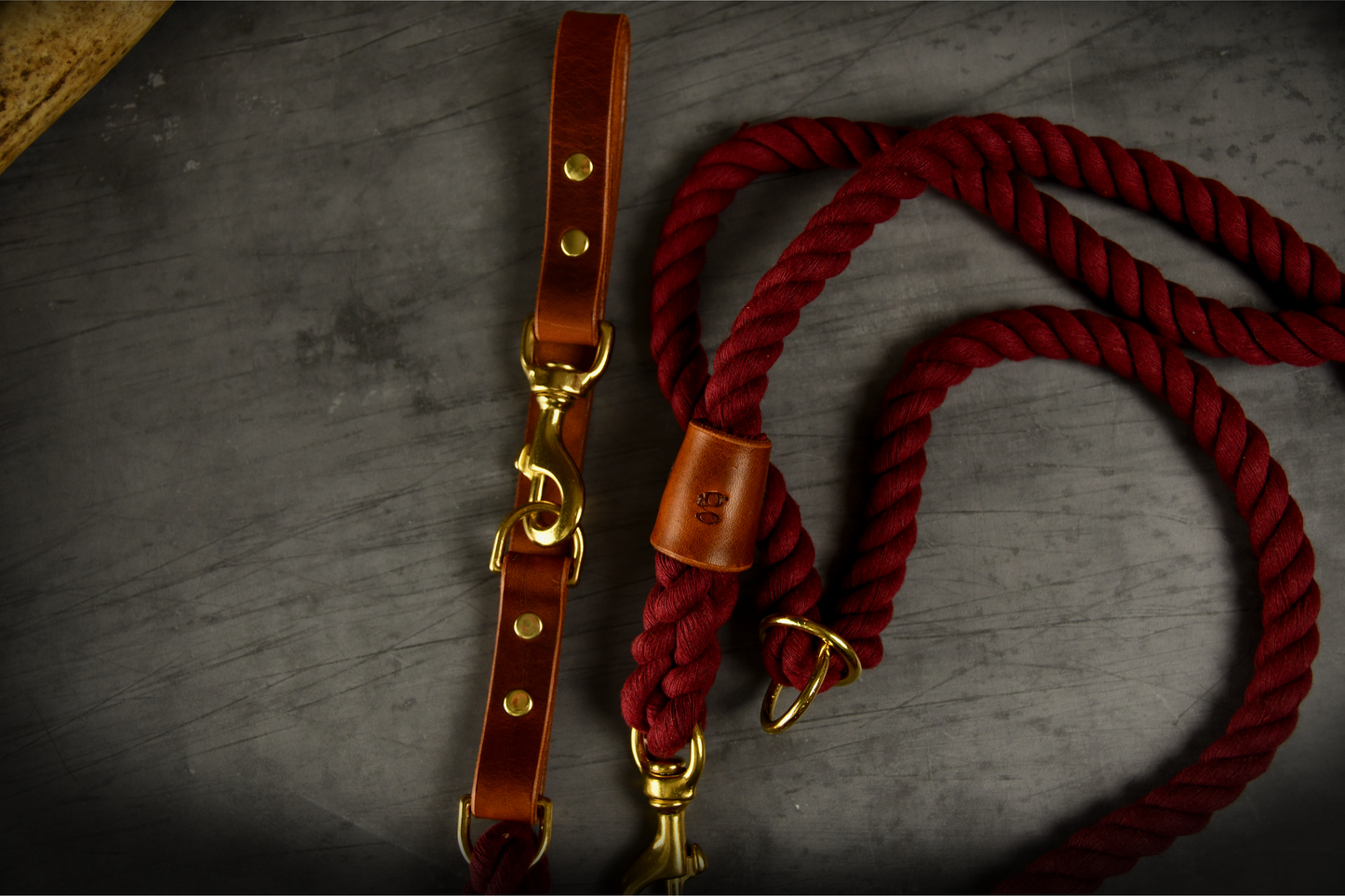 Hands-free Leather and Rope Dog Lead in Burgundy and Chestnut