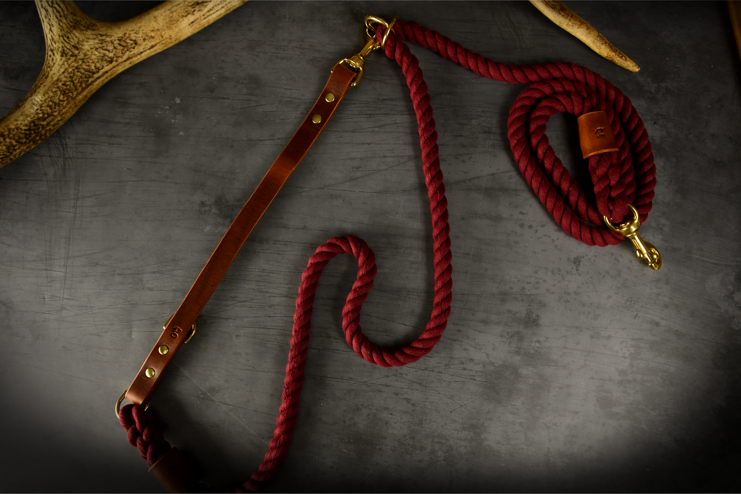Hands-free Leather and Rope Dog Lead in Burgundy and Chestnut