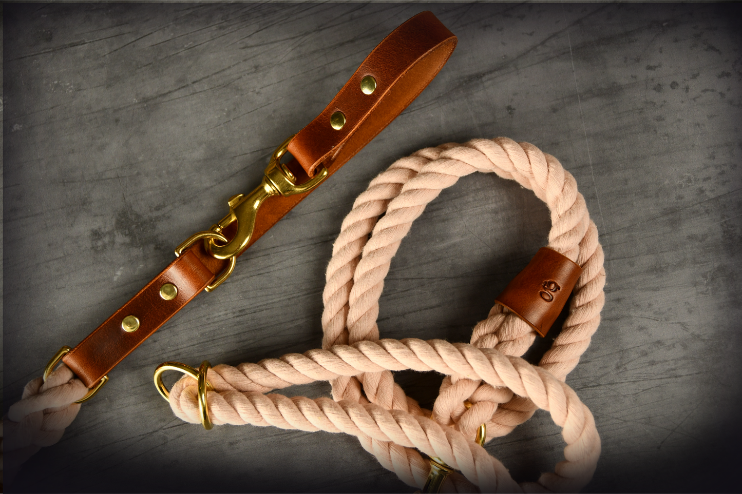Hands-free Leather and Rope Dog Lead in Pastel Pink and Chestnut