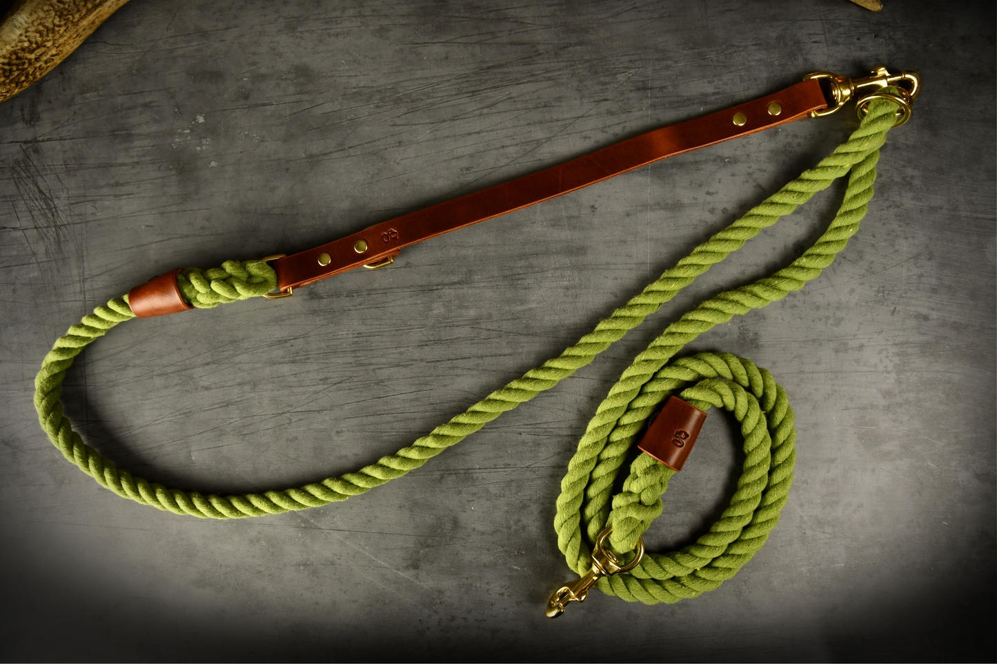 Hands-free Leather and Rope Dog Lead in Olive and Chestnut