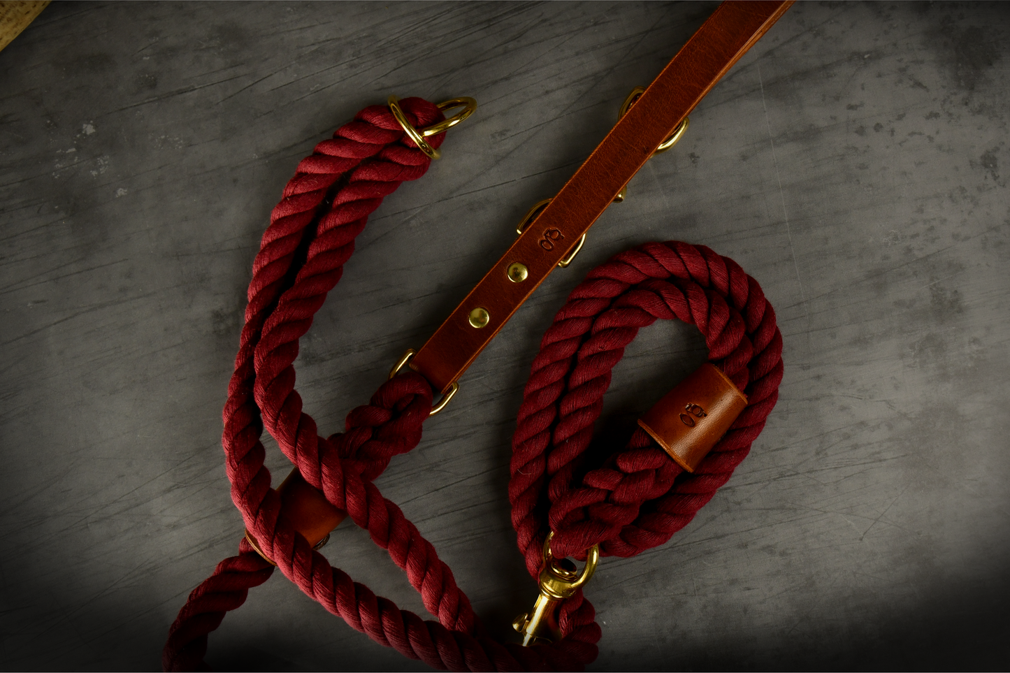 Hands-free Leather and Rope Dog Lead in Burgundy and Chestnut