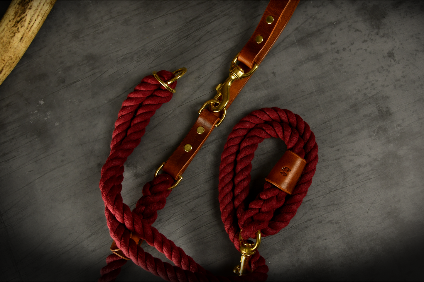 Hands-free Leather and Rope Dog Lead in Burgundy and Chestnut